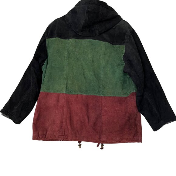 VTG Outbrook  Womens XL Coat Jacket Color Block Hooded Suede Leather 90s Retro - Picture 2 of 12